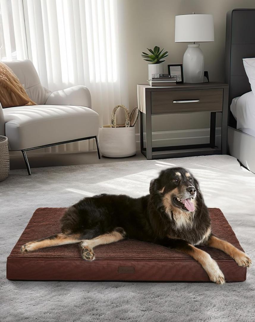 OhGeni 41 Inch Orthopedic Waterproof & Machine Washable Dog Bed for Large Pets, 20D Egg Crate Foam Stable Support, Non-Slip Bottom and Removable Cover, Tear-Resistant Invisible Durable Zipper(Brown) (41.0"L x 28.0"W x 4.0"Th)