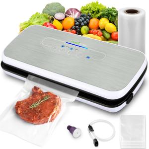 NutriChef Automatic Food Vacuum Sealer, Electric Air Sealing Preserver System for Dry and Moist Foods, LED Control, Strong Suction, Includes Bags, Wine Stopper Cork, and Air Suction Hose, 14x6x3