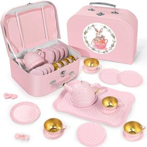Tea Party Set for Little Girls, Princess Tea Time Toys Including Tin Teapot Set Cups Carrying Case, Toddlers Pretend Role Play Kids Kitchen Toys Birthday Gifts Age 3 4 5 6