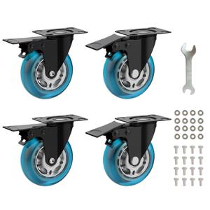 3 in Plate Caster Wheels - Heavy Duty with Brake 1200LBS,Industrial Casters Set of 4,Locking,360 Swivel,No Noise Polyurethane Castors,Non Marking Blue Castor Wheels for Furniture,Carts,Cabinet,Table