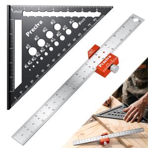 Preciva 2 PCS Aluminum Alloy Carpenter Square Set - 12" Magnetic Combination Square & 7” Rafter Square with Drill Guide | 5-in-1 Layout Tool for Woodworking Framing and DIY