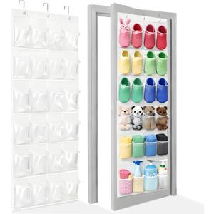 Bofoho Over The Door Shoe Organizer with 24 Crystal Clear Pockets and Metal Hooks – Heavy Duty Hanging Shoe Storage Rack for Closet, Bathroom, Dorm – Space Saving for Shoes, Accessories, Toys (White)