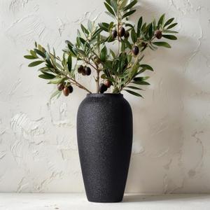 13.8 Inch Tall Matte Black Ceramic Vase, Large Textured Charcoal Black Decorative Vase for Pampas Grass, Flowers or Greenery, Modern Rustic Tabletop Accent for Entryway Living Room Mantel