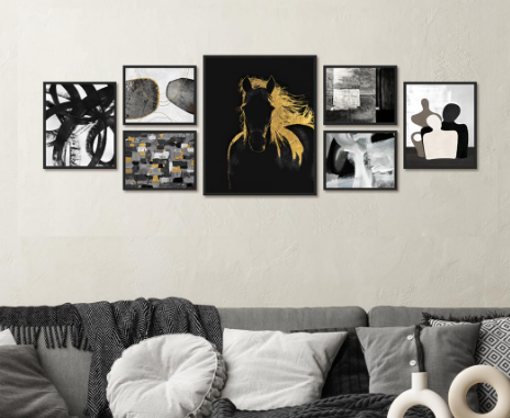 EUROPICART Living Room Abstract Wall Art Matte Black Horse Picture Print with Photo Frame Decor for Modern Home Walls,Black Frames Set of 7