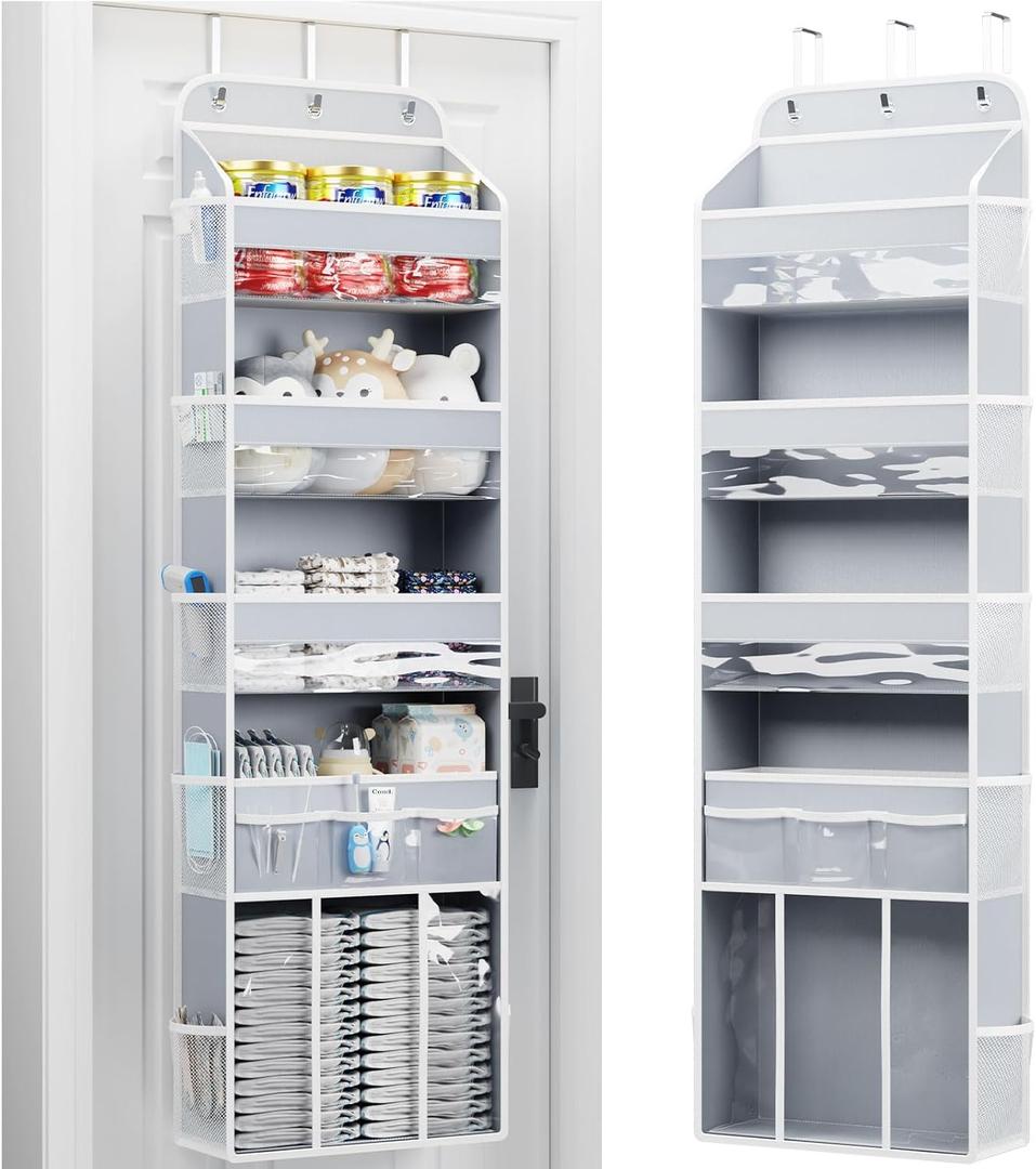 OneDream Over the Door Organizer for Nursery, 5-Tier Baby Clothes Organizer with Removable Storage Caddy, Hanging Behind Door Storage with Clear Pockets and Side Mesh Compartments, Grey