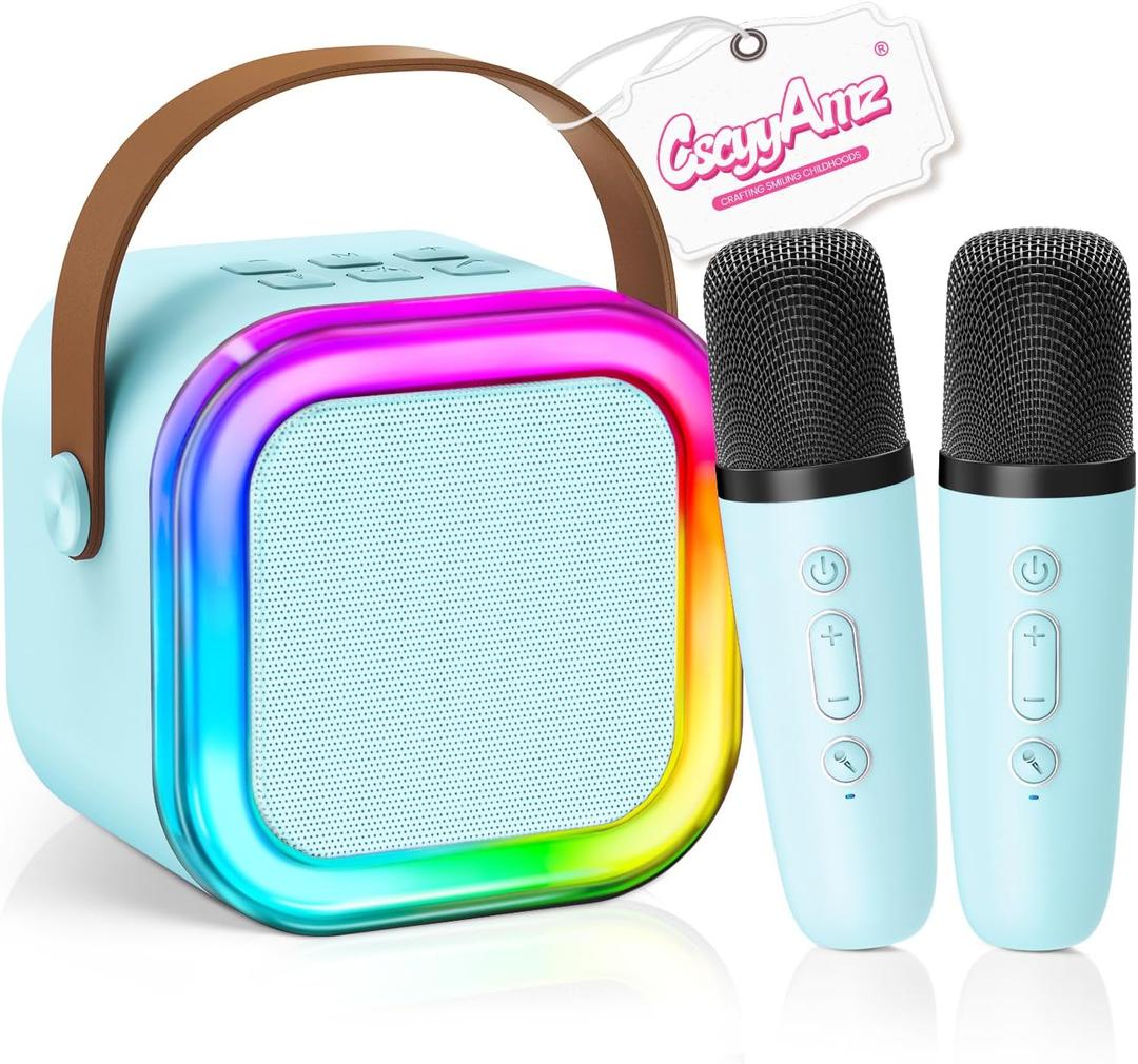 CscyyAmz Mini Karaoke Machine for Kids Girls Boys - Birthday Gifts for Ages 4 5 6 7 8+ Year Old - Portable Bluetooth Speaker with 2 Wireless Microphone - Kids' Instrument Accessories - Blue