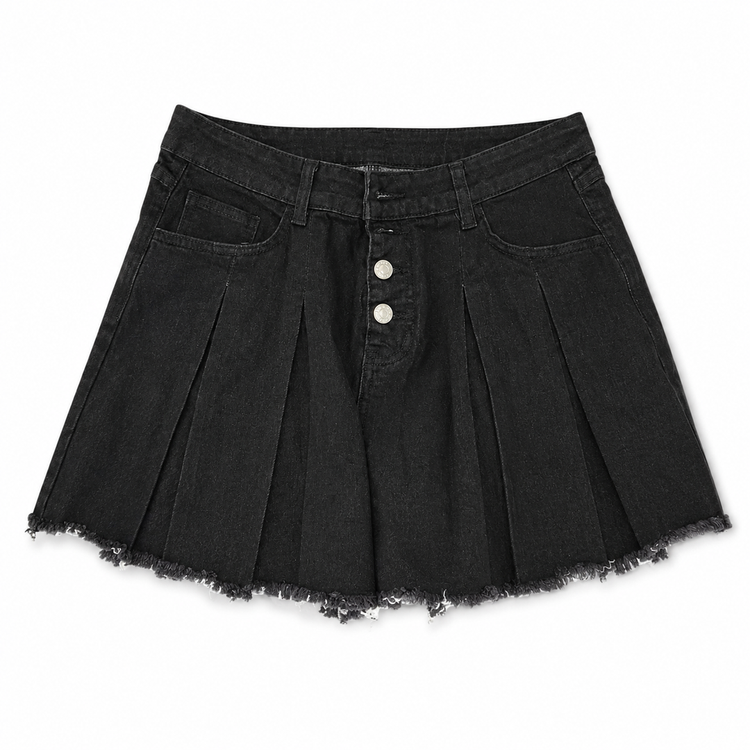 MsavigVice Pleated Jean Shorts for Women Stretch Distressed Frayed Raw Hem Casual Mini Black Denim Shorts Skorts with Pockets, Black