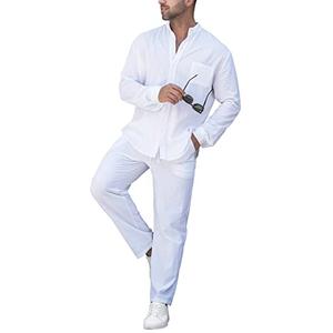 RPOVIG Linen Shirt Sets Outfits:Men's 2 Pieces Henley Shirts Long Sleeve Loose Yoga Pants Beach Clothing White XL