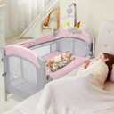 SIMPLGIRL 5-in-1 Baby Bassinet Bedside Crib, Pack and Play Long Next to Bed Crib with Toys & Music Box, Mattress, Foldable Playard, Playpen Travel Bed Nursery Center for Infant Newborn (Pink)