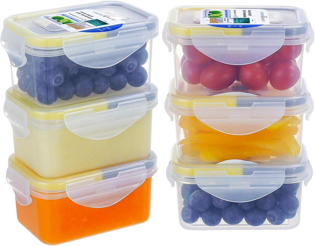 KIGI 6 Pack 6OZ Airtight Plastic Food Storage Containers Set 180ML Rectangular Small Bento Box with Lid (6.1oz*6 Yellow and Grey)