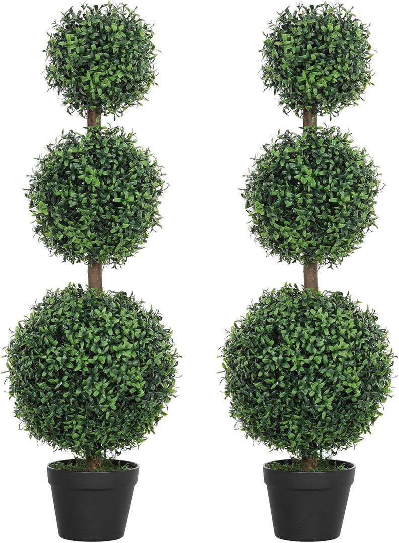 HOMCOM Artificial Plants Topiary Ball-Shaped Boxwood Trees in Pot Set of 2 Fake Plants for Home Indoor Outdoor Front Porch Decor, 40 Inch, Green