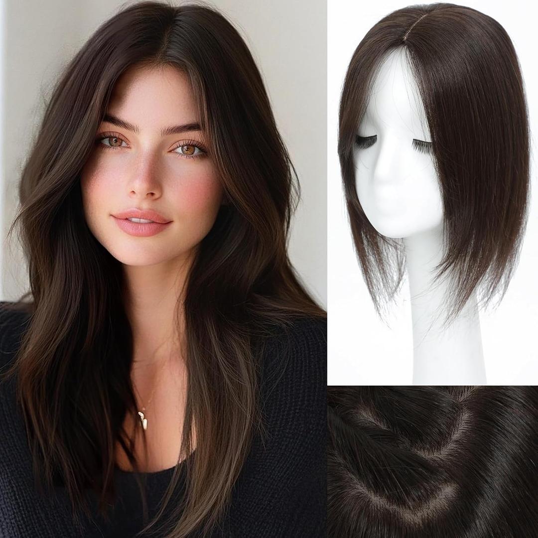 Hair Toppers for Women Real Human Hair, 360 3D Human with Thinning Upgrade Middle Part Clip in Bangs Topper Hair Pieces for Women Daily(Medium Dark Brown, 14 Inch)