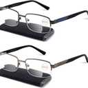 Missfive 2-Pack Mens Premium Bifocal Reading Glasses Blue Light Blocking, Computer Readers Metal Frame with No Broken Spring Hinge, Far/Near Dual-use Eyeglasses 1 Blue & 1 Silver, 2.0x