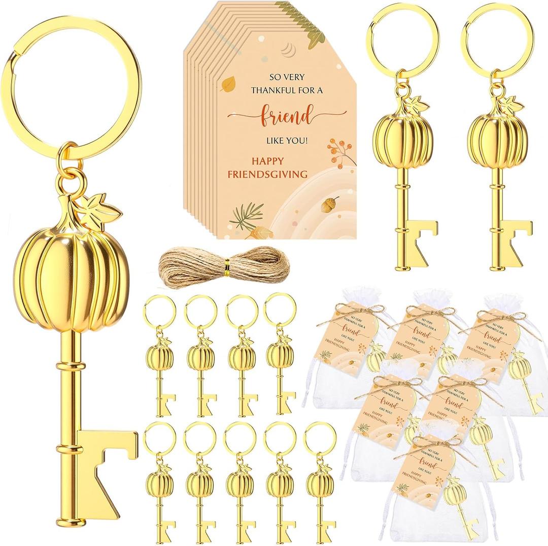 12 Sets Thanksgiving Party Favors Friendsgiving Gifts Pumpkin Beer Bottle Opener Keychains Cards Ropes and Organza Bags for Home Decor Thanksgiving Party Supplies for Guest