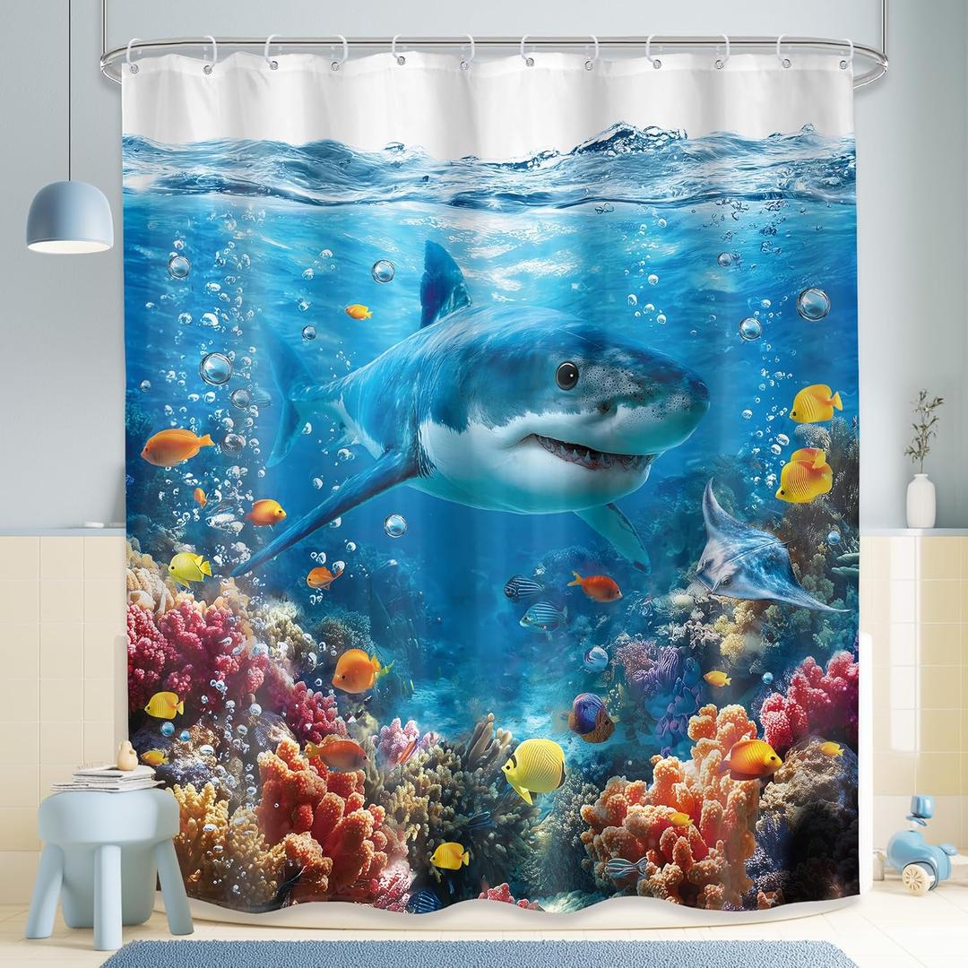 LGhtyro Shark Fish Kids Shower Curtain Bathroom Set 60Wx71H Inches Ocean Under Sea Life Themed Underwater Coral Marine Bath Accessories Animal Fun Toddler Cool Art Home Decor Fabric 12 Pack Hooks