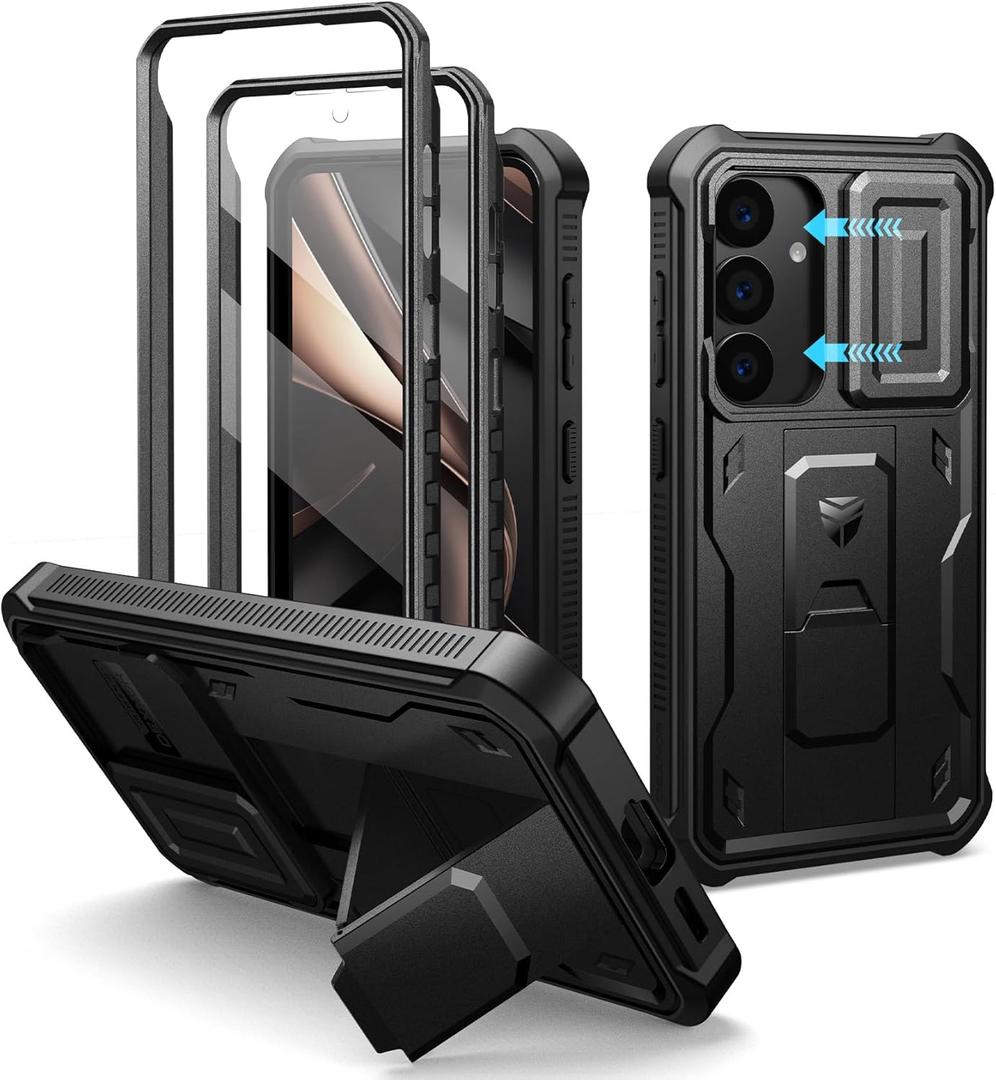 Dexnor for Samsung Galaxy S25 Case with Built-in Slide Camera Cover & Screen Protector & Kickstand, Heavy-Duty Shockproof Rugged Case Full-Body Bumper Protective Cover for Galaxy S25 (2025),Black