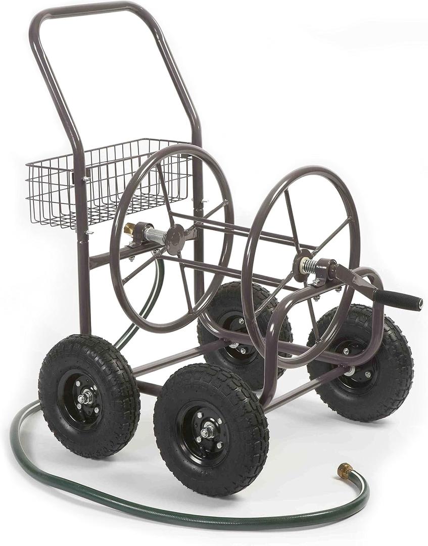 Liberty Garden Residential Grade Four Wheel 250 Foot Capacity Steel Frame Water Hose Reel Cart with Basket for Backyard, Garden, or Home, Brown, Bronze