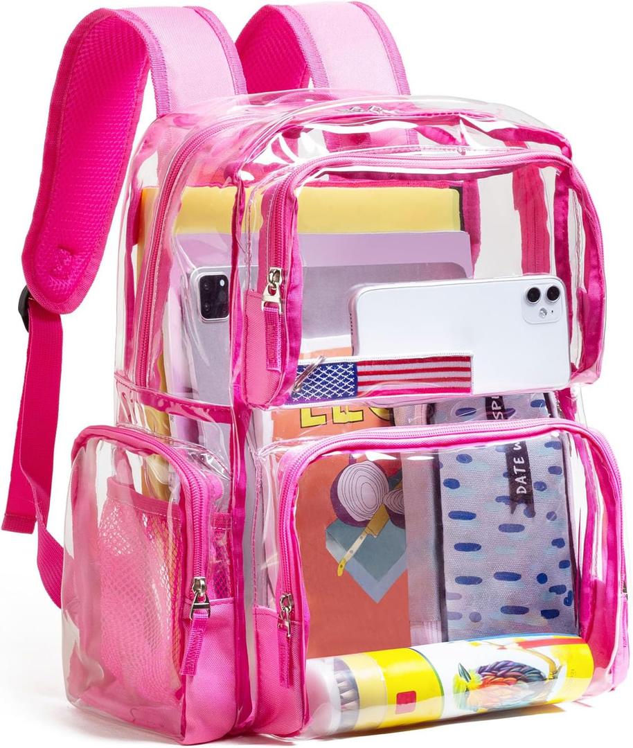 Vorspack Clear Backpack - Transparent Backpack with Reinforced Bottom & Multi-pockets for College Workplace Security - Pink (Large)