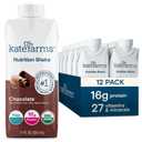 KATE FARMS Organic Nutrition Shake, Chocolate, 16g Protein, 27 Vitamins and Minerals, Meal Replacement Shake, 11 oz (12 Pack) (EXP 01/12/27)