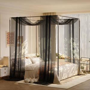 lazyzzz Black Canopy Bed Curtains for Full/Queen/King Metal/Wood Canopy Bed Frame, Princess Bed Canopy Scarf for Girls-2 Panel Semi-Sheer Canopy Bed Curtain 39.4" W x 315" L