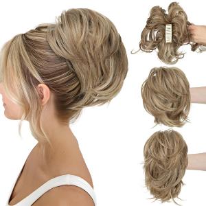CJL HAIR Claw Clip Short Ponytail Hair Extensions DIY Bendable Metals Messy Bun Hair Piece for Women Straight Synthetic Fake Hairpieces Beige Multi