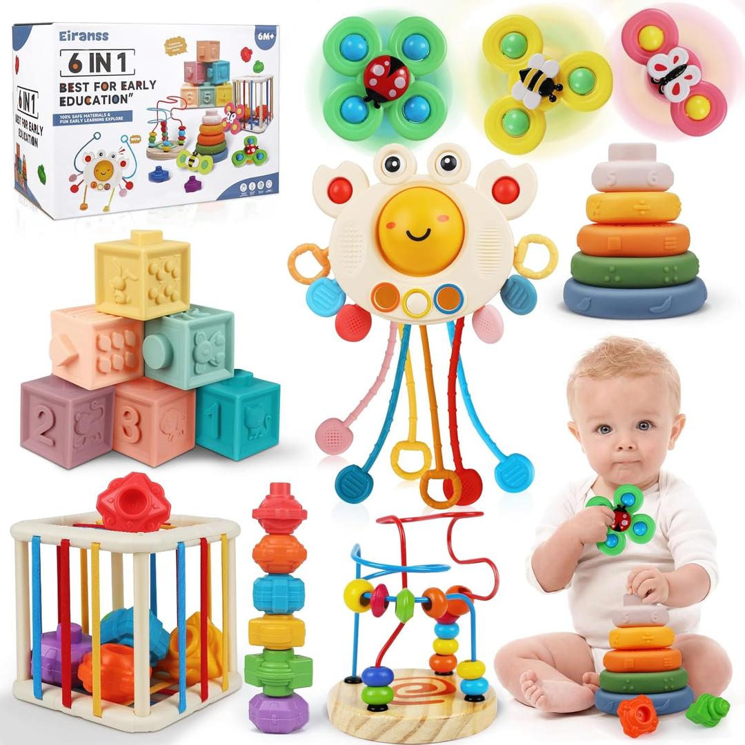 Baby Toys 6 to 12 Months- 6 in 1 Montessori Toy for Toddlers 1-3, Sensory Shapes Storage Bin Stacking Blocks Rings First Bead Maze Pull String Teether, Infant Toys Gifts for 1 2 3 Year Old Boys Girls
