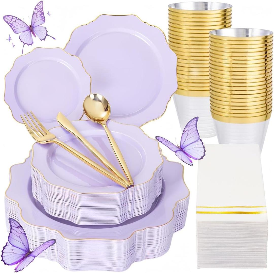 WDF 175Pcs Purple Plates Disposable - Lavender Plastic Plates 25guest Plastic Dinnerware Ideal for Birthday Party/Wedding/Spring/Picnic (Purple and Gold)