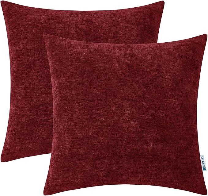 Burgundy Red Throw Pillows Covers 18x18 Inch for Couch Sofa Bed Living Room, Chenille Soft Comfy Solid Decorative Throw Pillows Cases Set Cushion Cover Pack of 2