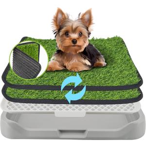 2Pack 18"x14" Artificial Dog Grass Potty Pad with Tray Rubber Backing | Gray Reusable Washable Pee Pad Holder, Portable Non-Slip Training Litter Box for Small Dogs Indoor Potty Training