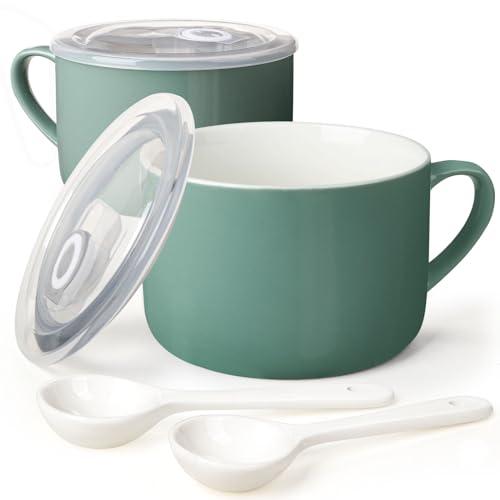 Wareland Soup Bowls with Handles & Spoons, 30oz Ceramic Ramen Bowl with Lid, Large Soup Mugs/Cups for Instant Noodle, Big Cereal Bowls for Oatmeal, Soup Containers with Lids, Set of 2, Teal Blue
