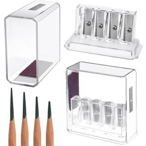 2 Pieces Carpenter Long Point Manual Pencil Sharpener with Plastic Lid 4 Holes Handheld Sharpener for Sketching, Charcoal, Colored Pencils (Transparent)