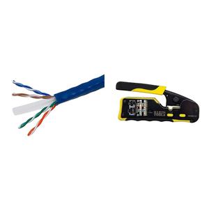 Monoprice Cat6 Ethernet Bulk Cable, 550Mhz, 10G, UTP, 24AWG, 250 Feet, Blue & Klein Tools VDV226-110 Ratcheting Modular Data Cable Crimper/Wire Stripper/Cutter