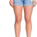 YMI Womens Junior Wannabettabutt 3-Button Mid-Rise Cuffed Hem Lightly Distressed Stretchy Denim Jean Shorts, 7 