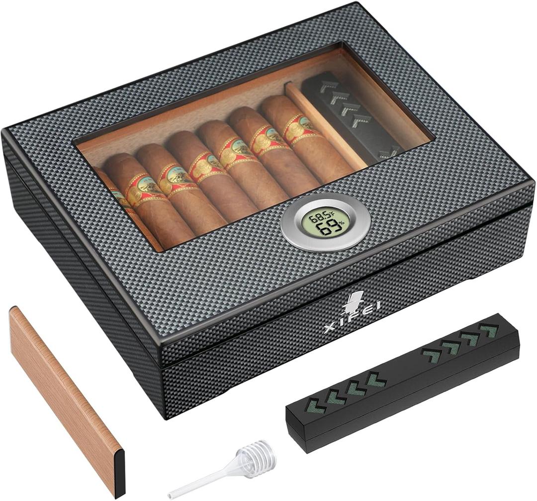 XIFEI Cigar Humidor, Glass Top Carbon Fiber Texture with Digital Hygrometer, Including Cigar humidifier, Divider, Cedar Wood Humidor Box, Holds 25-35 Cigars (9IN*7.5 * 2.8)