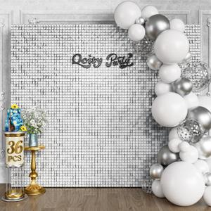 Qcity Matte White Sequin Wall Backdrop 36PCS, Black Back Not See-Through Design, Square Sequin Glitter Backdrop Panel, Perfect for Outdoor Events, Birthdays, Wedding and Party Decoration
