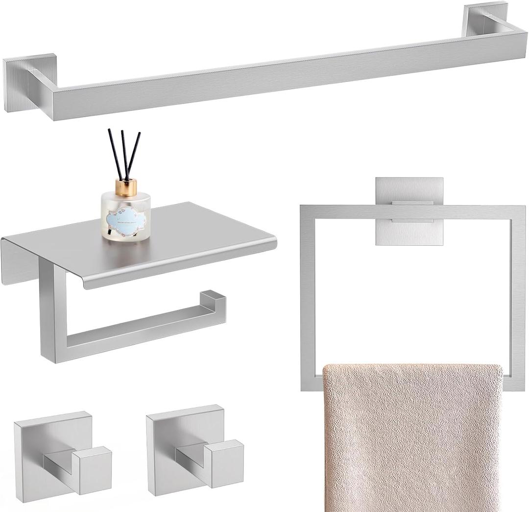 5 Pieces Brushed Nickel Bathroom Accessorie Set 23.6 Inch Towel Bar Set SUS304 Stainless Steel Towel Holder Set for Bathroom,Toilet Paper Holder with Shelf Wall-Mounted Bathroom Hardware Set