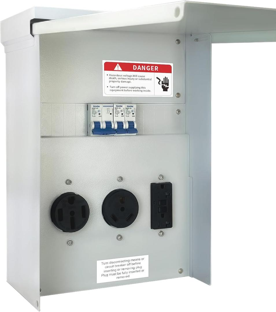 Temporary Power Outlet Panel, RV Electrical 20 30 and 50-Amp Receptacle with Breaker,Prewired Unmetered, Weatherproof