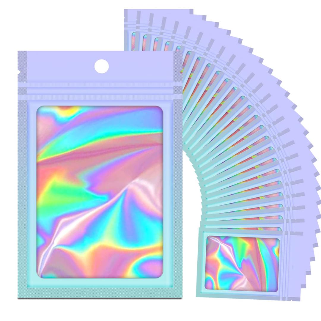 100 Holographic Gradient Mylar Bags with Clear Window, Resealable Zip Pouch, Packaging Party Sample Bags (Purple&Light Blue, 3.5x4.7 Inch)