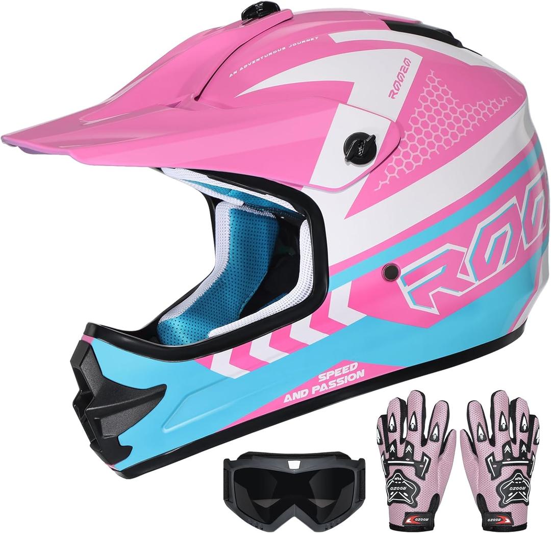 Youth Dirt Bike Helmet DOT Certified - Full Face Motorcycle Helmet for Off-Road, ATV, Street Riding, Includes Adjustable Goggles & Protective Gloves (Large, PINK)