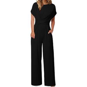 Happy Sailed Women Jumpsuits Dressy Short Sleeve Front Crisscross Tie Waist Belted Wide Leg Pant Romper with Pockets (Black, L)