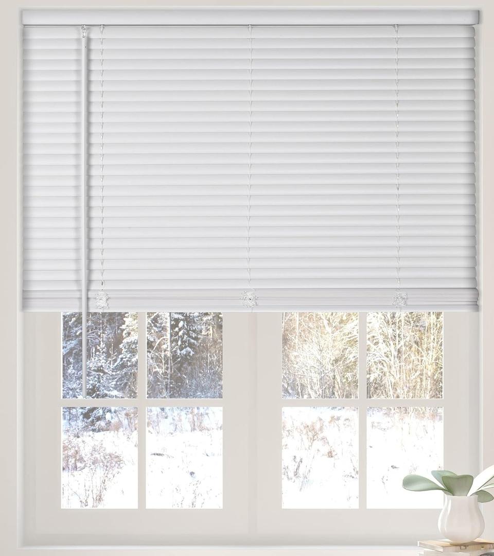 Calyx Interiors Cordless White 1” Light Filtering Mini Blinds 34.5” W x 60” H Window Blinds for Home, Vinyl Horizontal Blinds for Indoor Windows