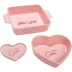 Paris Hilton 3-Piece Ceramic Baker Set, Iconic Stoneware with Square & Heart Bakers and Spoon Rest, Microwave/Oven/Freezer Safe, Durable Bakeware for Everyday Cooking & Serving, Pink