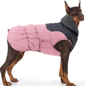 EMUST Dog Coats for Large Dogs L, Reflective Warm Pet Fleece Jacket Snowsuit for Cold Weather with Furry Collar, Windproof Warm Fleece Dog Puffer Jacket, Pink