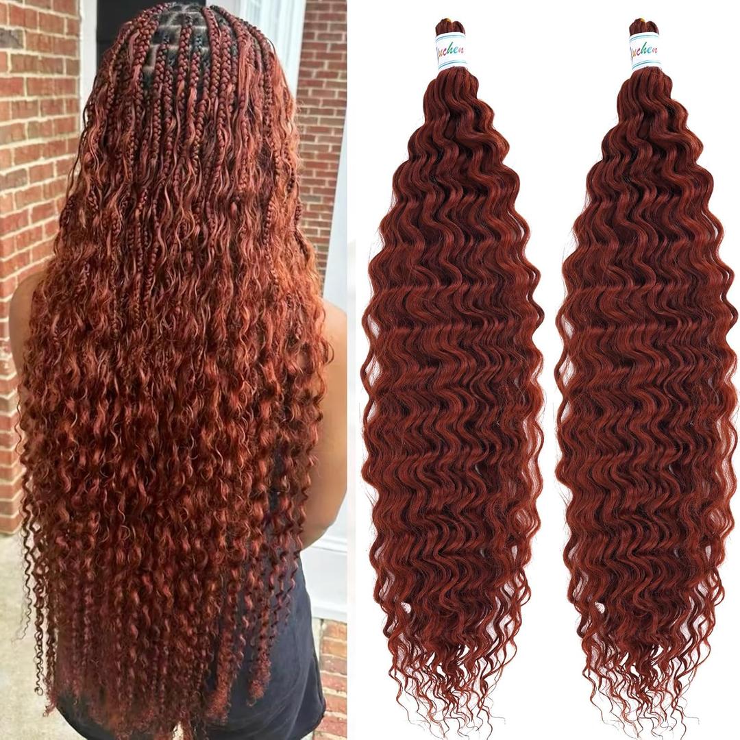Ginger Deep Ocean Wave Crochet Hair Bohemian Curly Wavy Braiding Hair Pre Stretched 24 Inch Synthetic Boho Hair for Braiding Color 350 Boho Curls Crochet Braids for Black Women, 2 Packs