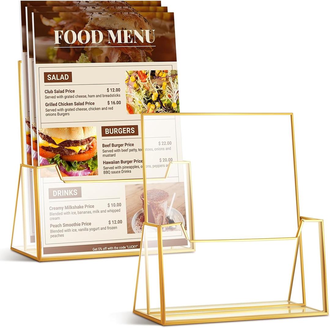 Fuyoooo 2 Pcs Gold Glass Brochure Holder Stand 8.5 x 11 Inches Acrylic Flyer Trifold Holder Display Business Pamphlets Booklets for Brochures Magazines Literatures Display Office Tabletop Trade Show