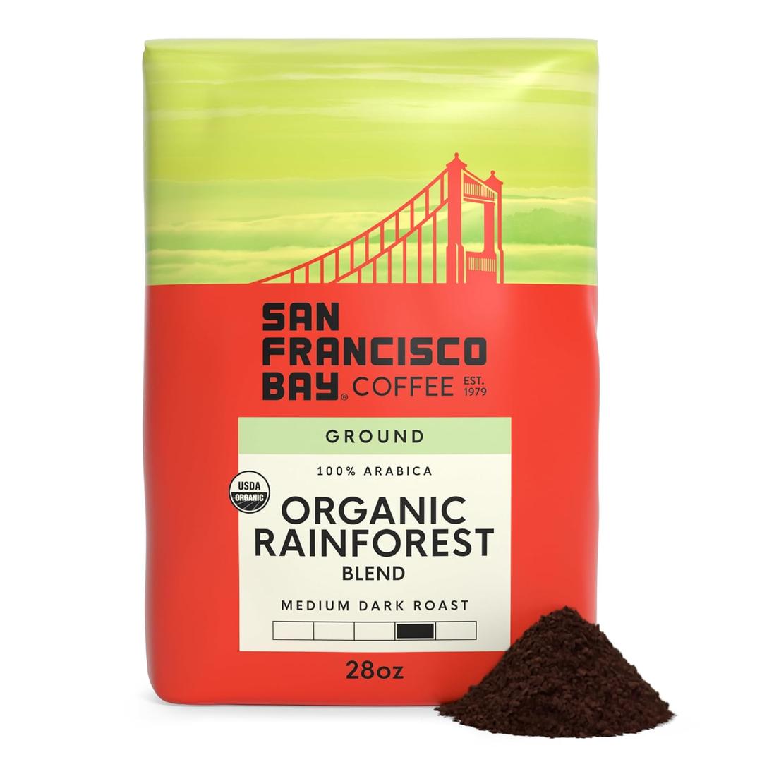 San Francisco Bay Ground Coffee, Organic Rainforest Blend (28 oz Bag), Medium-Dark Roast, USDA Organic Coffee (EXP 05/08/27)