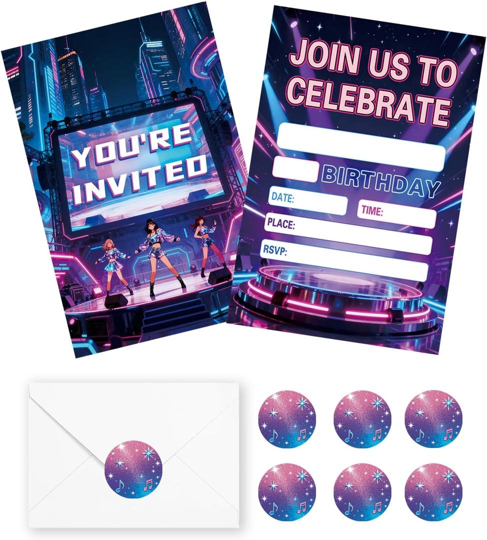 20 Sets Music Birthday Invitations Girl with Envelopes and Stickers Kids Invites Party Supplies Decoration 4x6 Inches