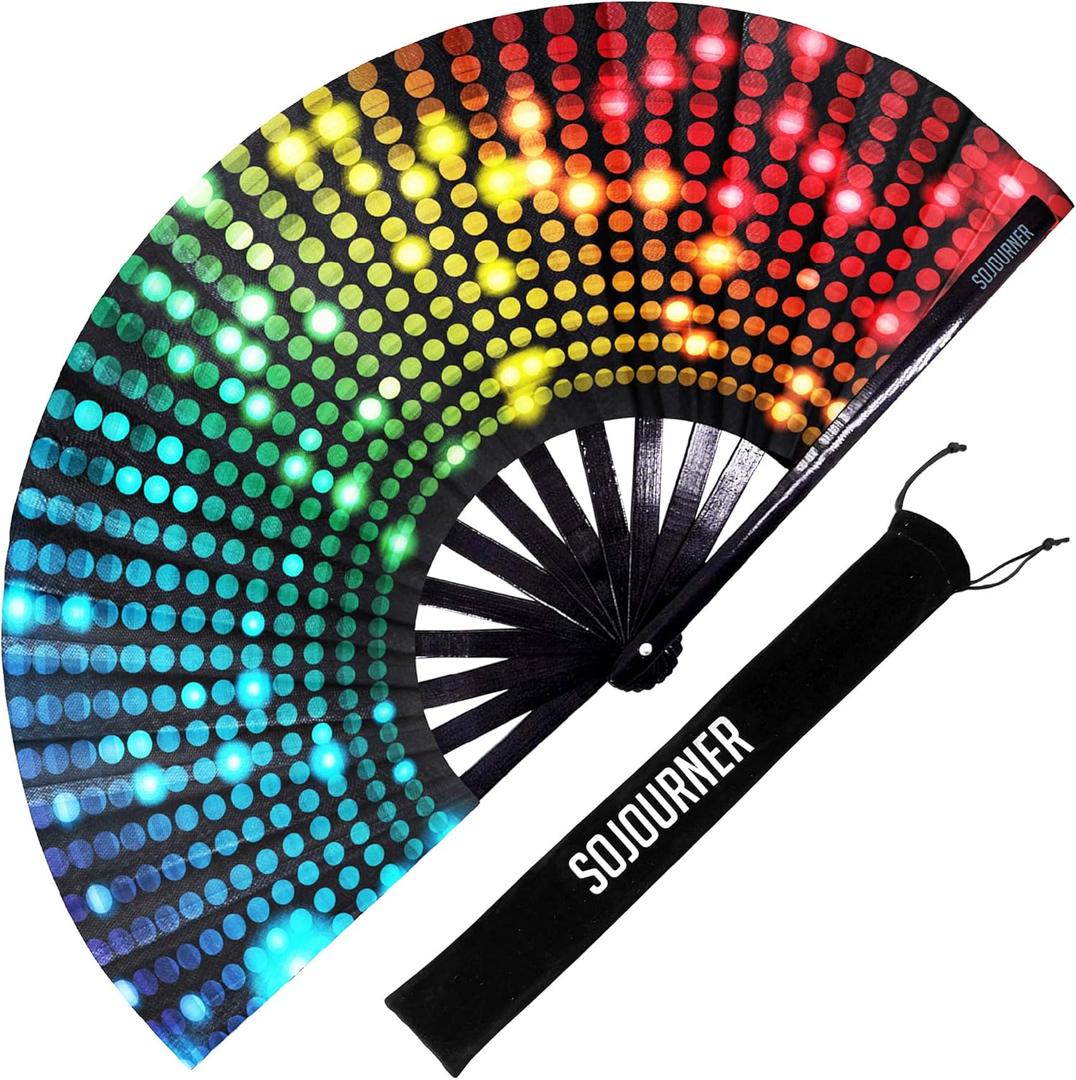 SoJourner Bags Rave Fan - Large Folding Fan - Clack Fan Hand Fan for Raves, Halloween, Burlesque, Rainbow Outfits for Women & Festival Accessories (Bright Lights)