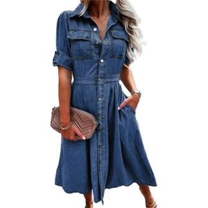 Women Denim Shirt Dress V Neck Short Sleeve Long Bottom Down A-Line Jeans Dresses with Pockets (Medium, Deep Blue)