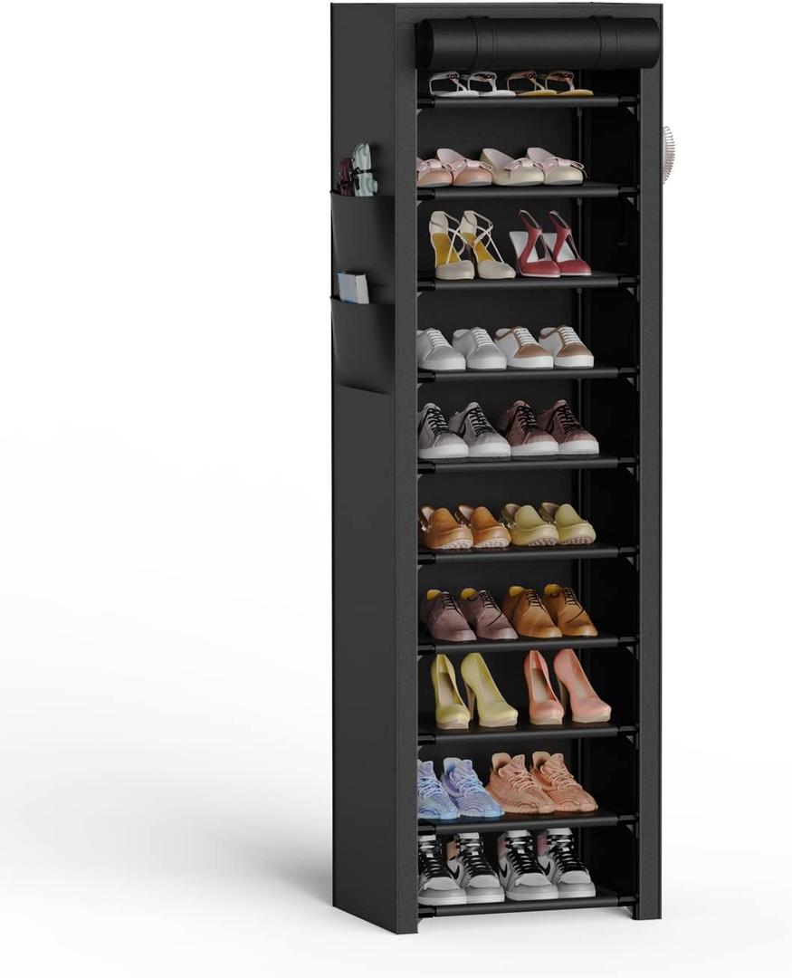 VTRIN Vertical Narrow Shoe Rack Organizer Tall Shoe Rack for Closet Entryway 10 Tier Non-Woven Cover Shoe Shelf Holds 20-22 Pairs Free Standing Shoe Storage Cabinet with Dustproof Cover, Black
